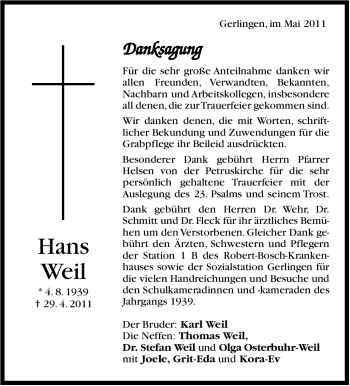 Traueranzeige von Hans Weil von Leonberger Kreiszeitung / Strohgäu Extra