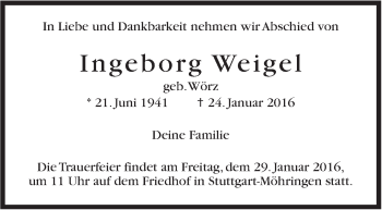 Traueranzeige von Ingeborg Weigel von Stuttgarter Zeitung / Stuttgarter Nachrichten