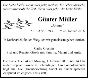 Traueranzeige von Günter Müller von Stuttgarter Zeitung / Stuttgarter Nachrichten