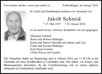 Traueranzeige von Jakob Schmid von Stuttgarter Zeitung / Stuttgarter Nachrichten
