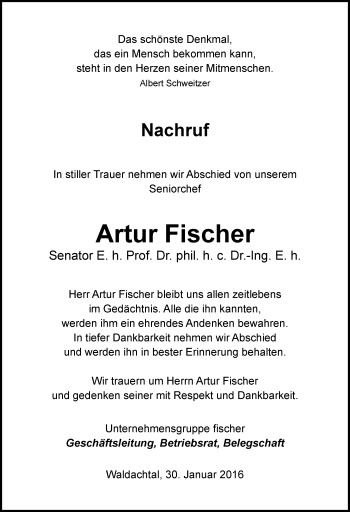 Traueranzeige von Artur Fischer von Stuttgarter Zeitung