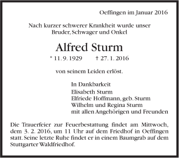 Traueranzeige von Alfred Sturm von Stuttgarter Zeitung / Stuttgarter Nachrichten