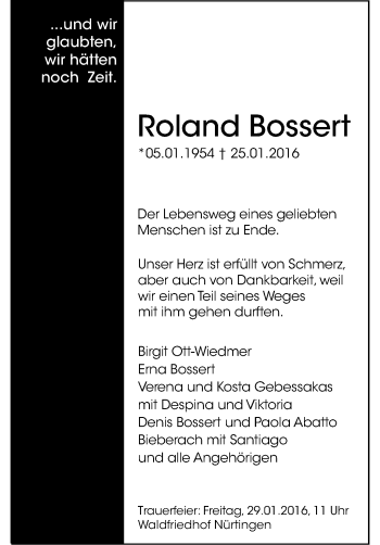 Traueranzeige von Roland Bossert von Stuttgarter Zeitung / Stuttgarter Nachrichten