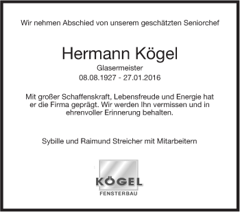Traueranzeige von Hermann Kögel von Stuttgarter Zeitung