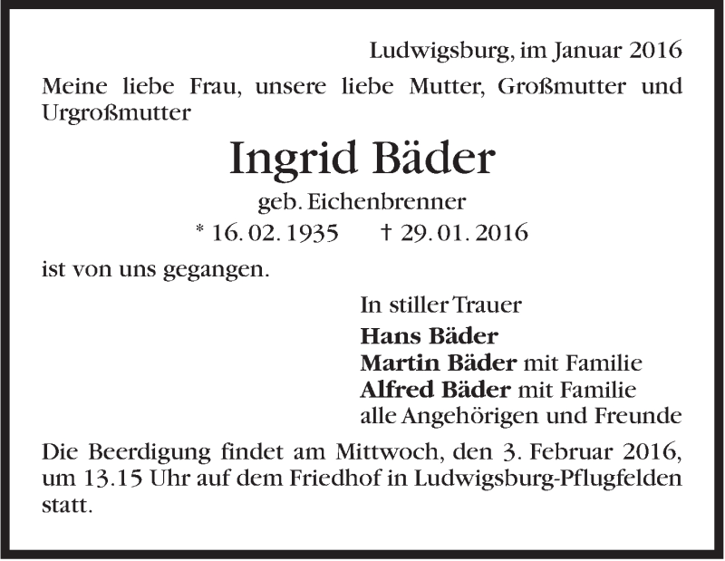  Traueranzeige für Ingrid Bäder vom 01.02.2016 aus Stuttgarter Zeitung / Stuttgarter Nachrichten