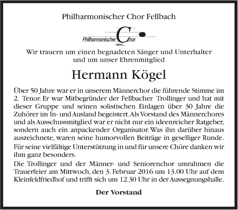  Traueranzeige für Hermann Kögel vom 30.01.2016 aus Stuttgarter Zeitung