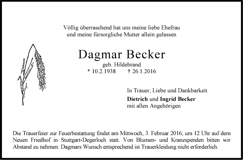 Traueranzeige für Dagmar Becker vom 30.01.2016 aus Stuttgarter Zeitung / Stuttgarter Nachrichten