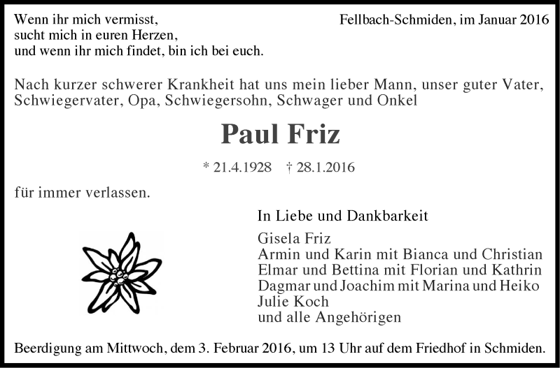  Traueranzeige für Paul Friz vom 30.01.2016 aus Stuttgarter Zeitung