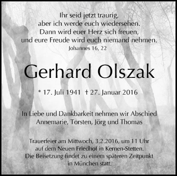 Traueranzeige von Gerhard Olszak von Stuttgarter Zeitung / Stuttgarter Nachrichten