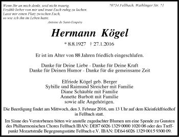 Traueranzeige von Hermann Kögel von Stuttgarter Zeitung