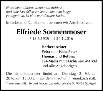Traueranzeige von Elfriede Sonnenmoser von Stuttgarter Zeitung / Stuttgarter Nachrichten