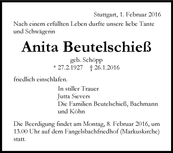 Traueranzeige von Anita Beutelschieß von Stuttgarter Zeitung / Stuttgarter Nachrichten