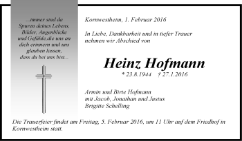 Traueranzeige von Heinz Hofmann von Stuttgarter Zeitung / Stuttgarter Nachrichten