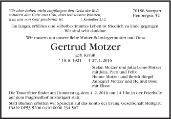Traueranzeige von Gertrud Motzer von Stuttgarter Zeitung