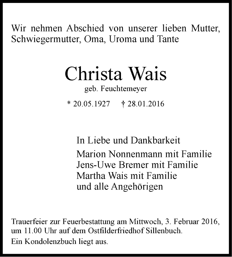  Traueranzeige für Christa Wais vom 30.01.2016 aus Stuttgarter Zeitung