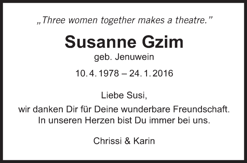  Traueranzeige für Susanne Gzim vom 29.01.2016 aus Stuttgarter Zeitung / Stuttgarter Nachrichten