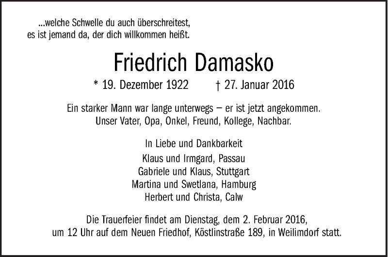  Traueranzeige für Friedrich Damasko vom 30.01.2016 aus Stuttgarter Zeitung
