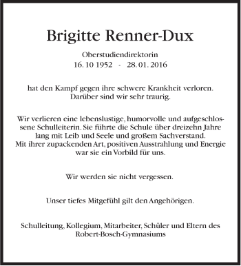 Traueranzeige von Brigitte Renner-Dux von Stuttgarter Zeitung