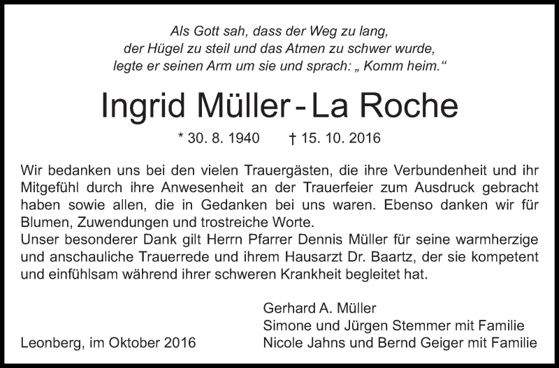  Traueranzeige für Ingrid  Müller-La Roche vom 29.10.2016 aus Stuttgarter Zeitung / Stuttgarter Nachrichten