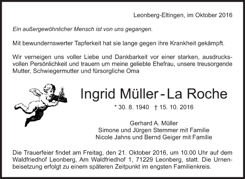 Traueranzeige für Ingrid  Müller-La Roche vom 19.10.2016 aus Stuttgarter Zeitung / Stuttgarter Nachrichten