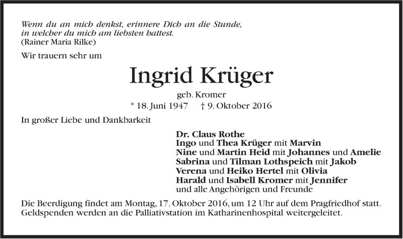  Traueranzeige für Ingrid Krüger vom 12.10.2016 aus Stuttgarter Zeitung / Stuttgarter Nachrichten