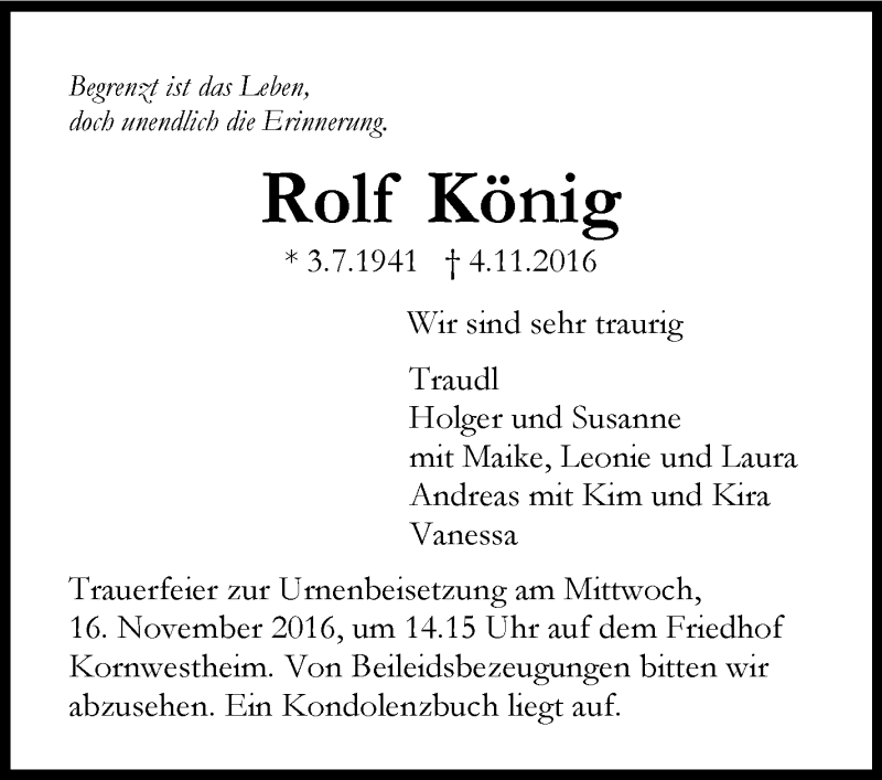  Traueranzeige für Rolf König vom 10.11.2016 aus Stuttgarter Zeitung / Stuttgarter Nachrichten