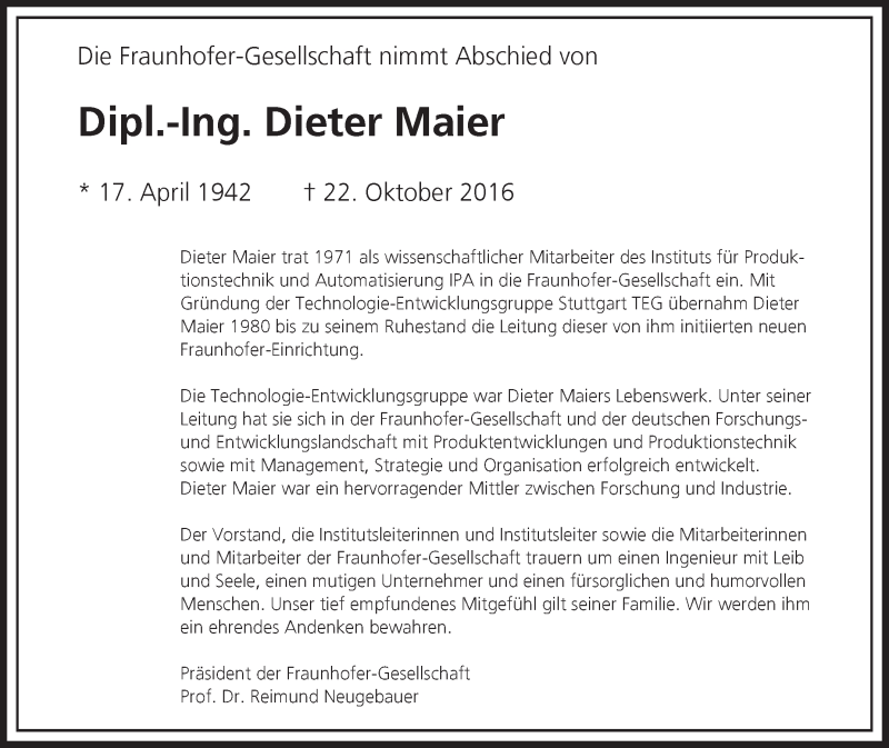  Traueranzeige für Dieter Maier vom 05.11.2016 aus Stuttgarter Zeitung / Stuttgarter Nachrichten