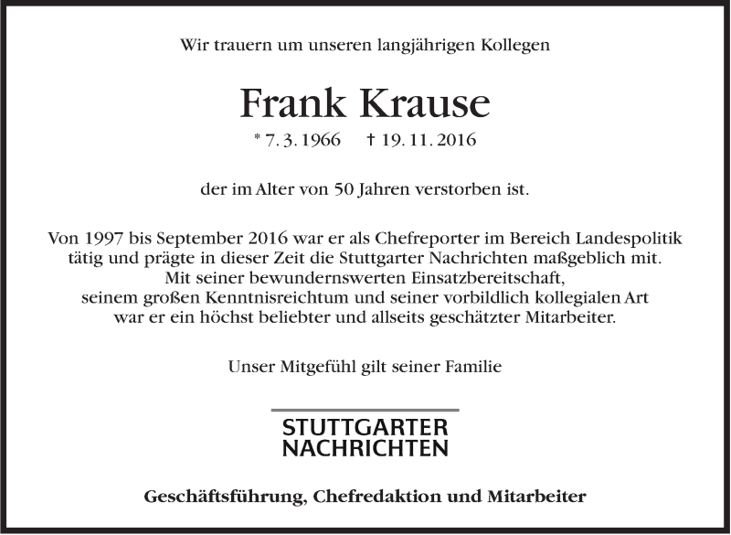  Traueranzeige für Frank Krause vom 23.11.2016 aus Stuttgarter Zeitung / Stuttgarter Nachrichten