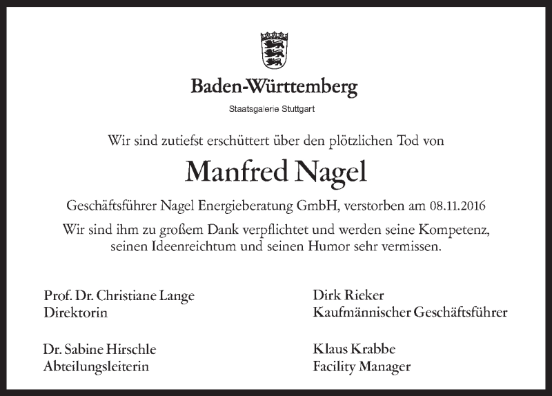  Traueranzeige für Manfred Nagel vom 12.11.2016 aus Stuttgarter Zeitung / Stuttgarter Nachrichten
