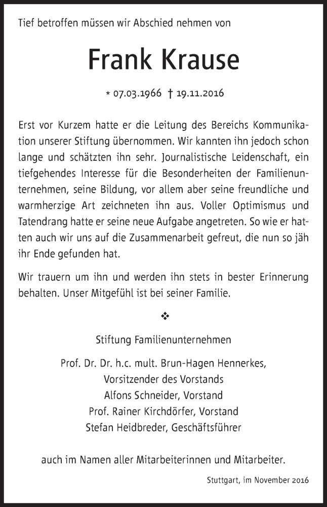  Traueranzeige für Frank Krause vom 28.11.2016 aus Stuttgarter Zeitung / Stuttgarter Nachrichten