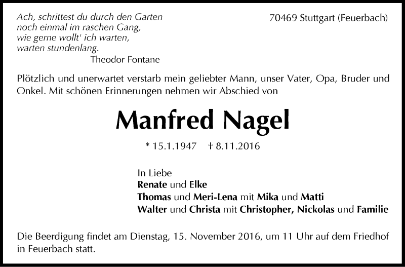  Traueranzeige für Manfred Nagel vom 11.11.2016 aus Stuttgarter Zeitung / Stuttgarter Nachrichten