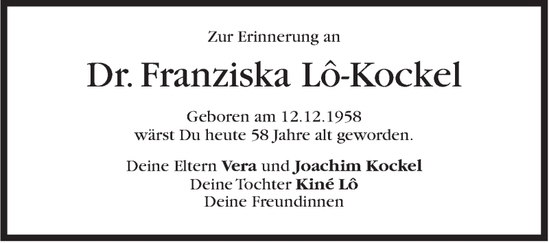  Traueranzeige für Franziska  Lo-Kockel vom 12.12.2016 aus Stuttgarter Zeitung / Stuttgarter Nachrichten