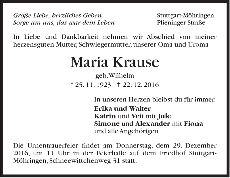  Traueranzeige für Maria Krause vom 27.12.2016 aus Stuttgarter Zeitung / Stuttgarter Nachrichten