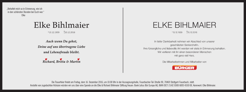  Traueranzeige für Elke Bihlmaier vom 14.12.2016 aus Stuttgarter Zeitung / Stuttgarter Nachrichten