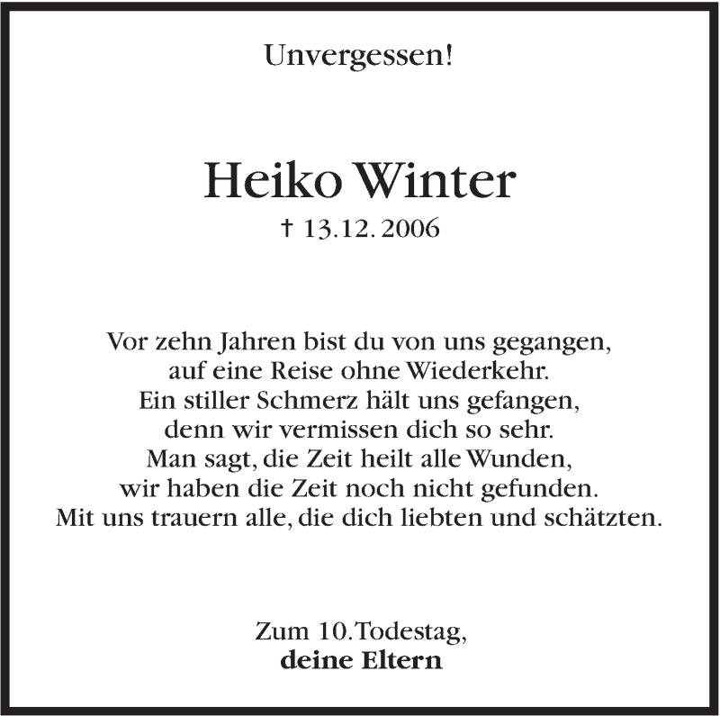  Traueranzeige für Heiko Winter vom 13.12.2016 aus Stuttgarter Zeitung / Stuttgarter Nachrichten