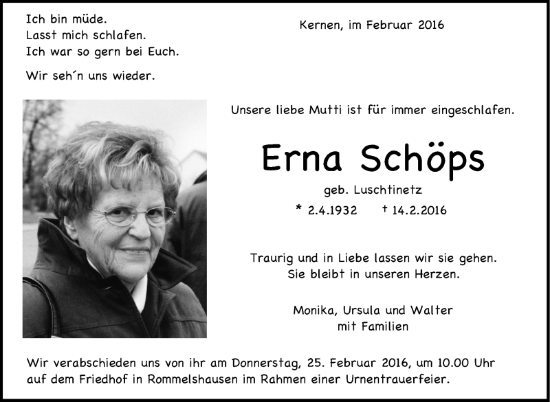  Traueranzeige für Erna Schöps vom 17.02.2016 aus Stuttgarter Zeitung / Stuttgarter Nachrichten