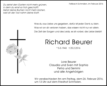 Traueranzeige von Richard Beurer von Stuttgarter Zeitung / Stuttgarter Nachrichten