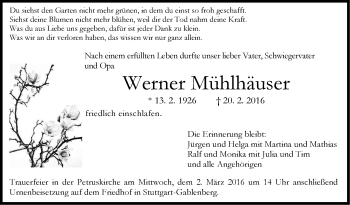 Traueranzeige von Werner Mühlhäuser von Stuttgarter Zeitung / Stuttgarter Nachrichten