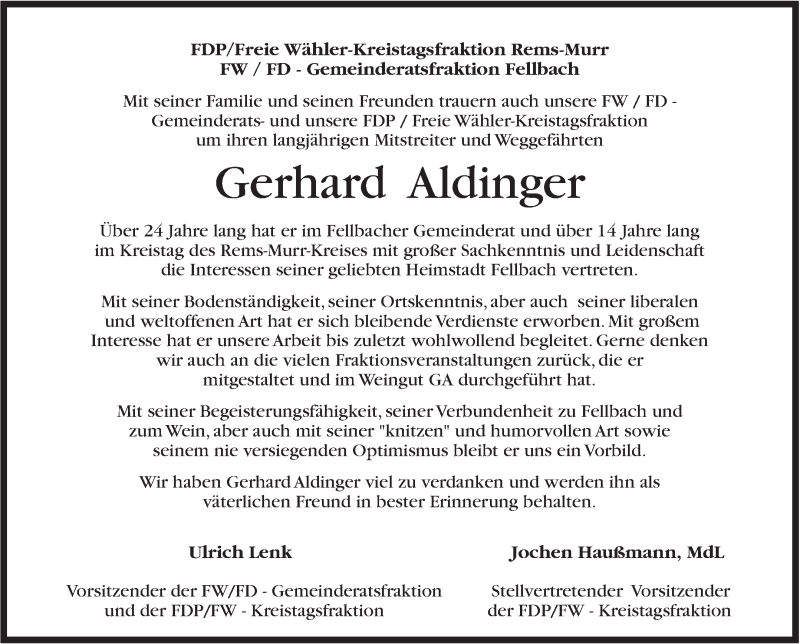  Traueranzeige für Gerhard Aldinger vom 17.02.2016 aus Stuttgarter Zeitung / Stuttgarter Nachrichten