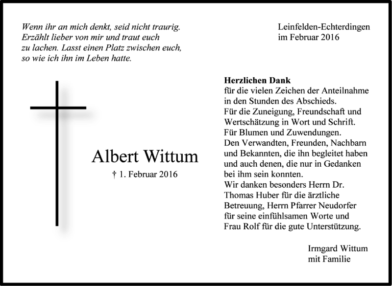  Traueranzeige für Albert Wittum vom 20.02.2016 aus Stuttgarter Zeitung / Stuttgarter Nachrichten