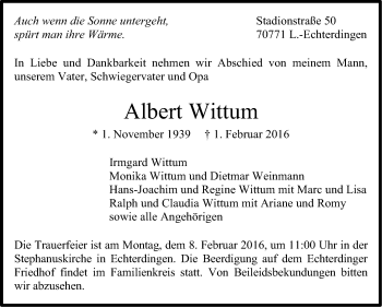 Traueranzeige von Albert Wittum von Stuttgarter Zeitung / Stuttgarter Nachrichten
