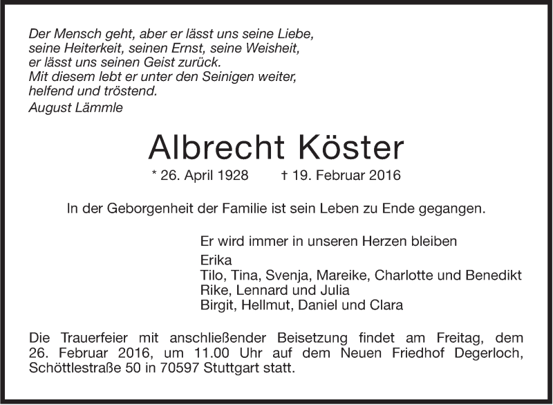  Traueranzeige für Albrecht Köster vom 24.02.2016 aus Stuttgarter Zeitung / Stuttgarter Nachrichten