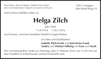 Traueranzeige von Helga Zilch von Stuttgarter Zeitung / Stuttgarter Nachrichten