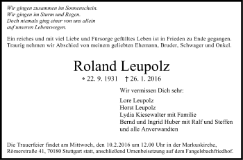 Traueranzeige von Roland Leupolz von Stuttgarter Zeitung / Stuttgarter Nachrichten