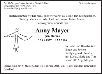 Traueranzeige von Anny Mayer von Stuttgarter Zeitung / Stuttgarter Nachrichten