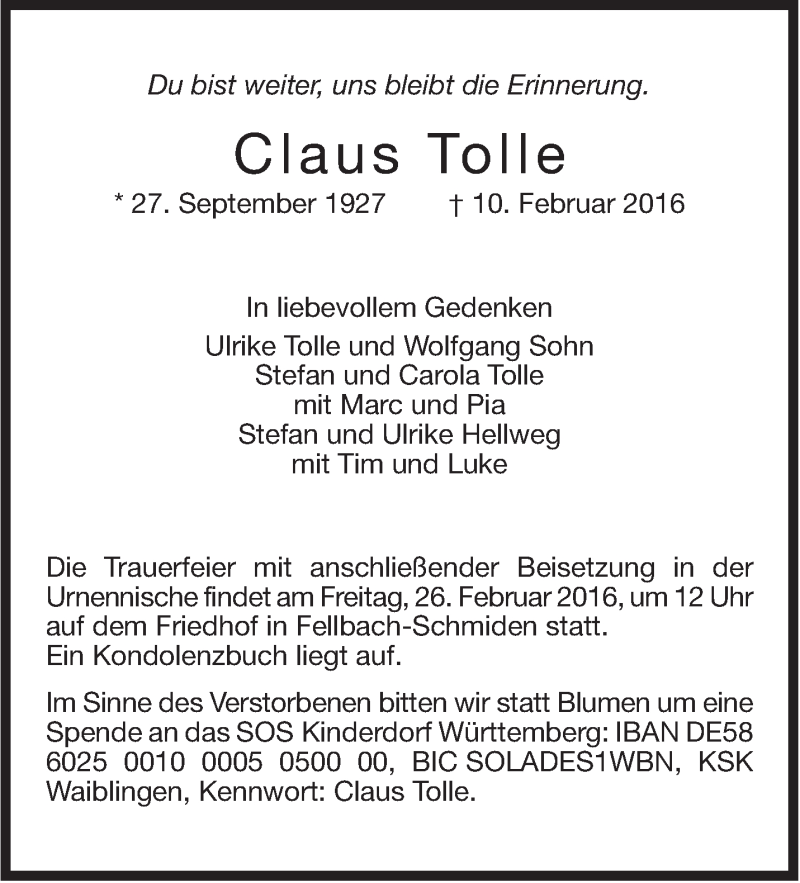  Traueranzeige für Claus Tolle vom 20.02.2016 aus Stuttgarter Zeitung / Stuttgarter Nachrichten