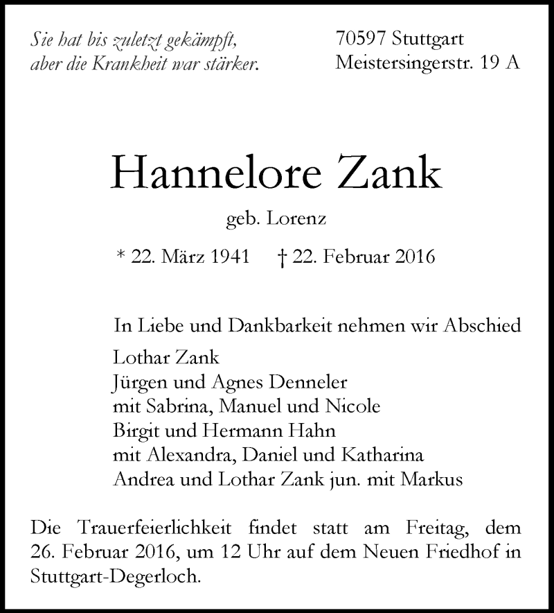  Traueranzeige für Hannelore Zank vom 24.02.2016 aus Stuttgarter Zeitung / Stuttgarter Nachrichten
