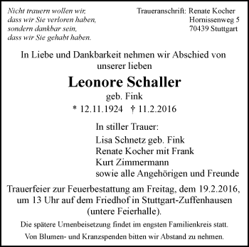 Traueranzeige von Leonore Schauer von Stuttgarter Zeitung / Stuttgarter Nachrichten