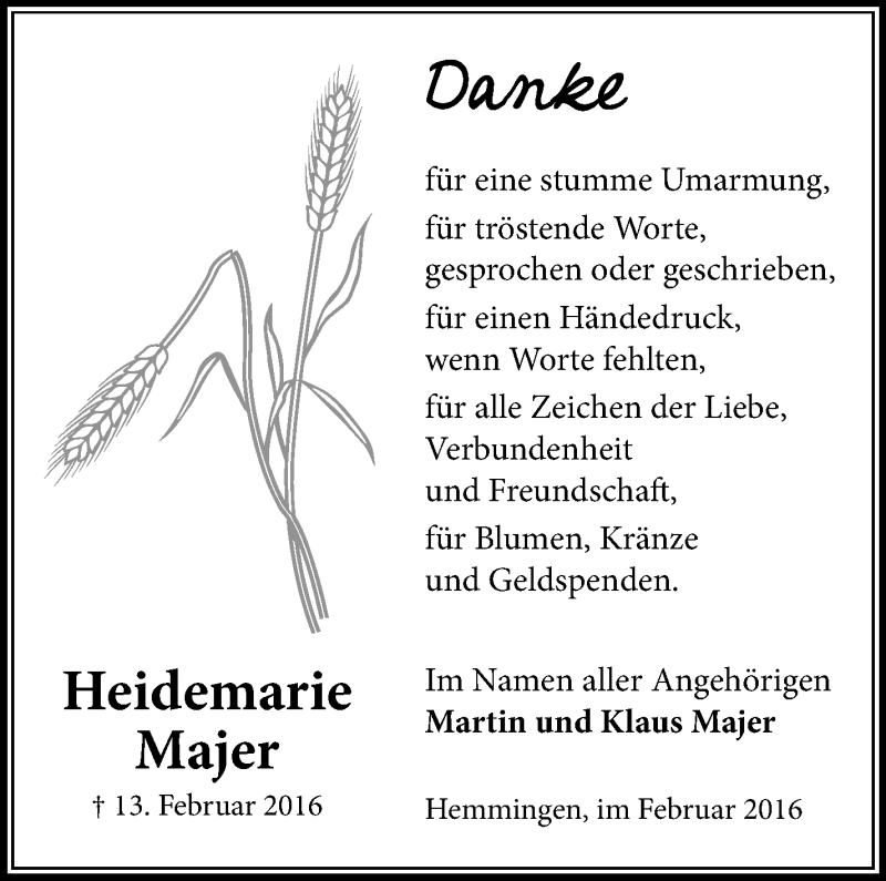  Traueranzeige für Heidemarie Majer vom 25.02.2016 aus Stuttgarter Zeitung / Stuttgarter Nachrichten