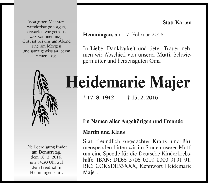  Traueranzeige für Heidemarie Majer vom 17.02.2016 aus Stuttgarter Zeitung / Stuttgarter Nachrichten